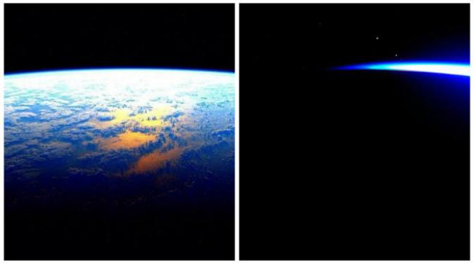 Foto penantian sebelum mendarat kembali ke bumi dan ketika Venus, Jupiter, dan Mars ‘terbit’ di ufuk. (Sumber @SpaceCDRKelly)