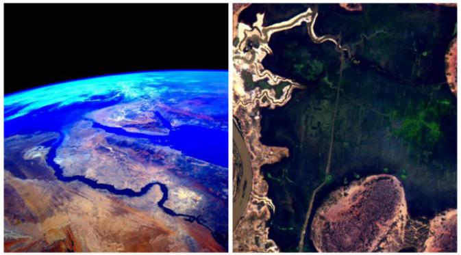Pemandangan terusan Suez di Mesir dan ‘lukisan’ abstrak di atas benua Afrika. (Sumber @SpaceCDRKelly)