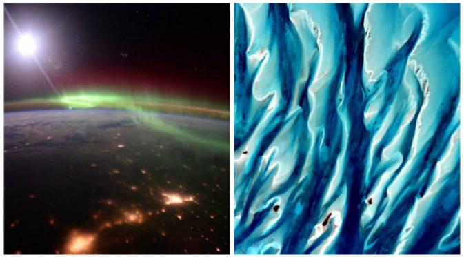 Penampakan aurora seperti terlihat dari angkasa dan ‘lukisan’ cat air di atas kepulauan Bahama. (Sumber @SpaceCDRKelly)