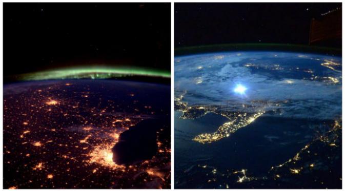 Penampakan Aurora dipadu dengan tampilan lampu-lampu kota Chicago dan cahaya bulan di atas Italia. (Sumber @SpaceCDRKelly)