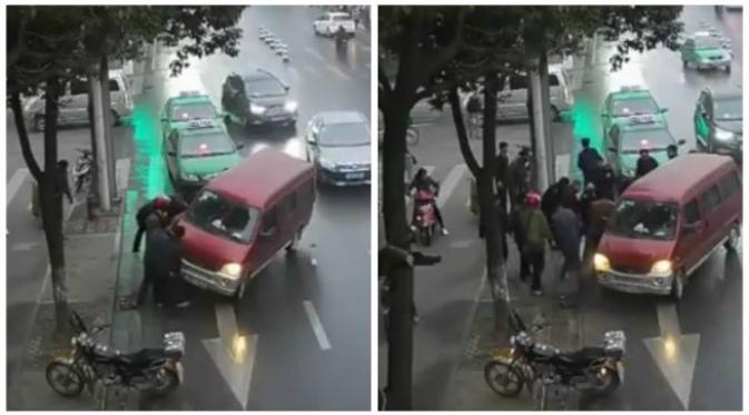 Seorang wanita penyeberang jalan tertabrak sebuah van hingga kemudian terseret di bawah van. Warga gotong royong menyelamatkannya. (Sumber cuplikan video CCTV)