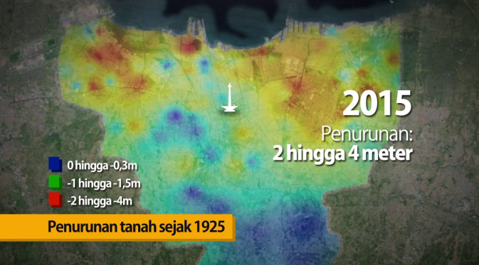 Peta penurunan permukaan tanah DKI Jakarta selama 90 tahun berdasarkan pengukuran Kelompok Keilmuan Geodesi Institut Teknologi Bandung. (Liputan6.com/Rio Pangkerego)