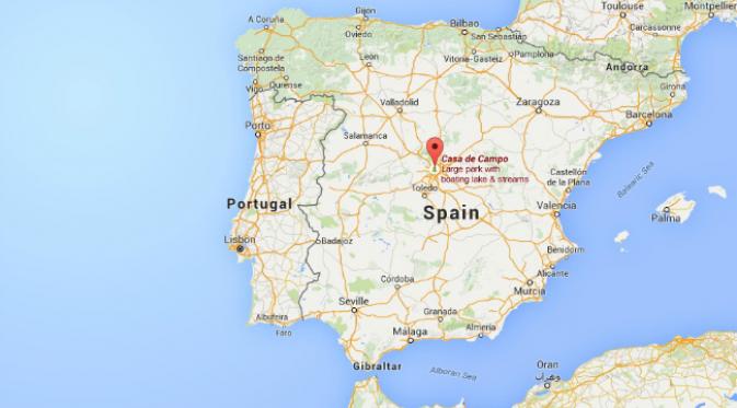 Taman Casa de Campo terletak di pusat kota Madrid, Spanyol, dan berada jauh dari laut. (Sumber Google Maps)