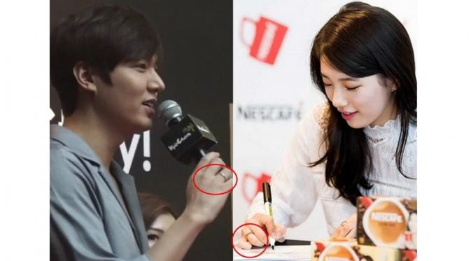 Lee Min Ho dan Suzy terlihat mengenakan cincin yang sama oleh penggemar dalam kesempatan berbeda (Korea Star Daily)