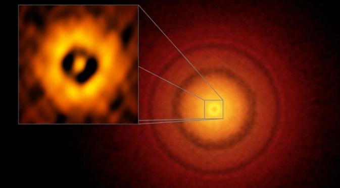 Pembentukan planet baru yang diduga memiliki kemiripan dengan Bumi yang mengorbit di dekat bintang bernama TW Hydare (Foto: ESO, NAOJ, NRAO).