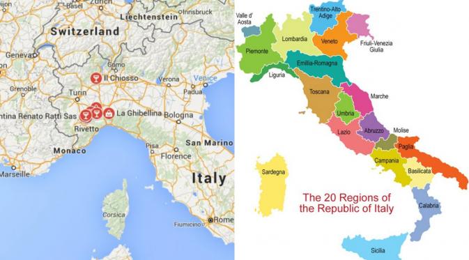 Tempat kedudukan wilayah Piedmonte di utara Italia. (Sumber Google Maps dan blogyourwine.com)
