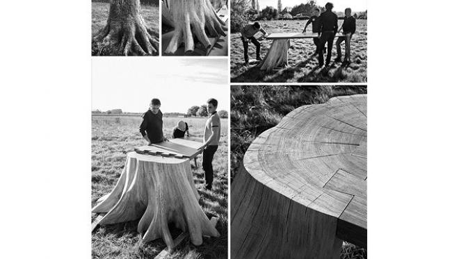 Meja dari akar pohon ini bisa dimanfaatkan untuk kegiatan luar ruang bersama keluarga (sumber. Lostateminor.com)