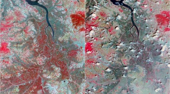Foto yang menunjukkan fenomena kekeringan di Korea Utara (kanan). Foto sebelah kiri diambil pada 2002 di mana terlihat masih banyak vegetasi (berwarna merah) (Foto: NASA).