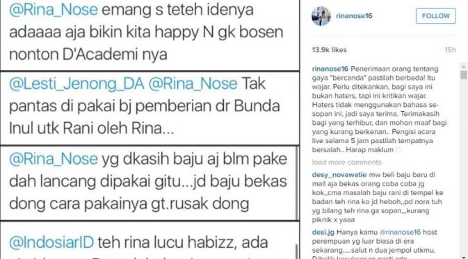 Dikritik, Rina Nose Berterima Kasih Pada Haters [foto: instagram/rinanose16]
