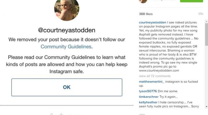 Teguran dari Instagram terhadap Courtney Stodden usai berfoto bugil untuk promo lagu baru. (Instagram)