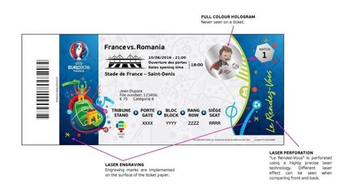 Tiket resmi yang bakal digunakan pada pagelaran putaran final Piala Eropa 2016 Prancis. (UEFA).