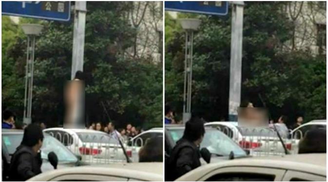 Seorang wanita muda mendadak membuka pakaiannya, naik ke atas atap mobil, dan menari-nari. (Sumber Shanghaiist.com)