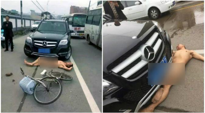 Seorang pria tanpa busana pura-pura menjatuhkan diri di depan kendaraan yang melintas supaya bisa meminta ganti rugi. (Sumber Shanghaiist.com)