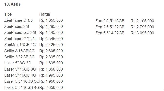 Daftar harga smartphone Asus