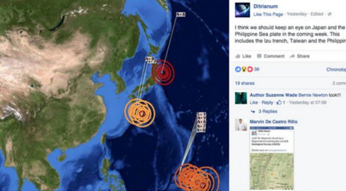 Hoogerbeets telah mengeluarkan peringatan akan terjadi gempa di Jepang dan Lempengan Filipina dalam Facebooknya (Foto: Facebook Ditrianum).