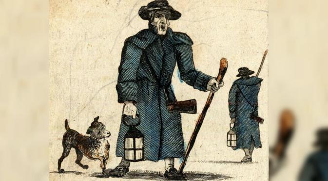 Ilustrasi penjaga malam di abad ke-17. (pinterest)