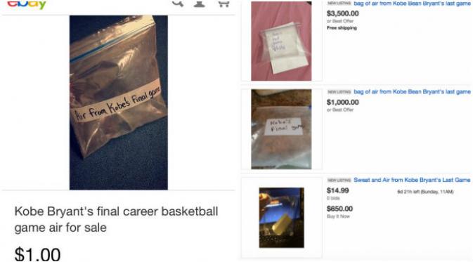 Sejumlah kantong berisi udara dilelang melalui internet. Penjualnya mengaku bahwa udara itu berasal dari pertandingan terakhir seorang bintang olahraga basket, Kobe Bryant. (Sumber @powersco via Twitter dan fusionh.net) 