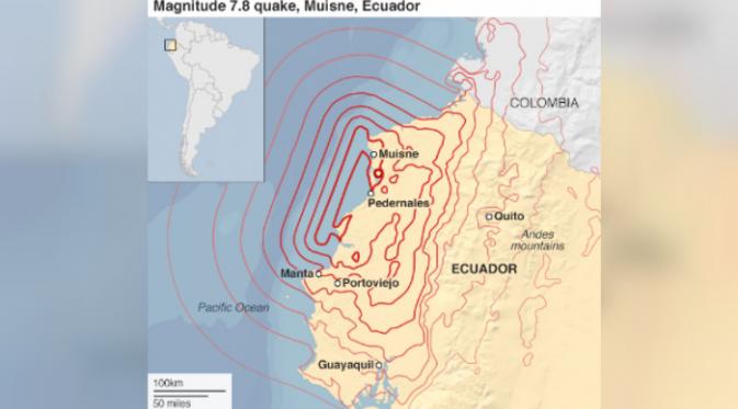 Letak pusat gempa 7,8 SR di Ekuador (USGS).