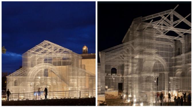 Diperlukan waktu sekitar 3 bulan untuk mendirikan bangunan 'tembus pandang' hingga seukuran dengan basilika aslinya. (Sumber CNN)