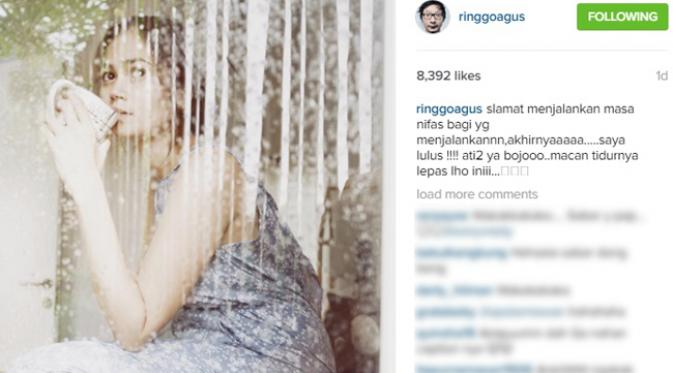 Ringgo Agus mengungkapkan rasa bahagianya karena masa nifas snag istri telah selesai. (Instagram) 