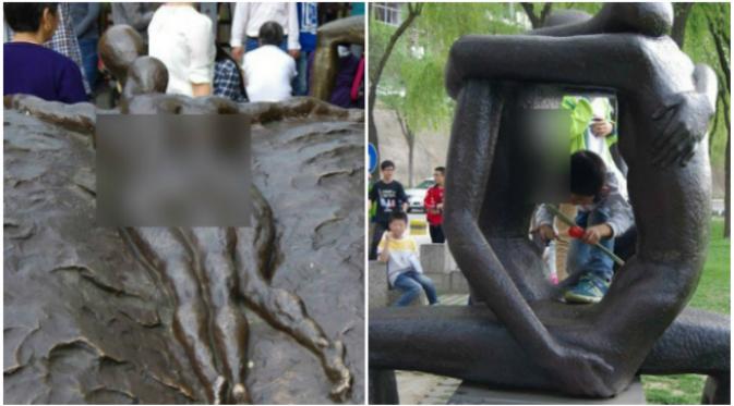 Sejumlah patung yang dipajang di taman kota Xi'an, menggambarkan pasangan sedang bermesraan sehingga sejumlah warga merasa terganggu. (Sumber Shanghaiist.com)