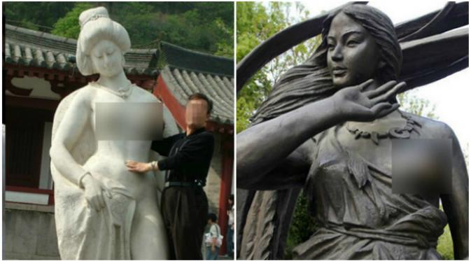 Patung Yang Guifei, satu di antara Empat Kecantikan dari jaman Tiongkok Kuno, dan patung istri Yu yang Agung menjadi korban orang iseng. (Sumber Shanghaiist.com)