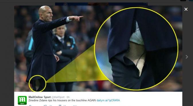 Celana Zinedine Zidane kembali sobek saat mendampingi timnya bertanding (Twitter)