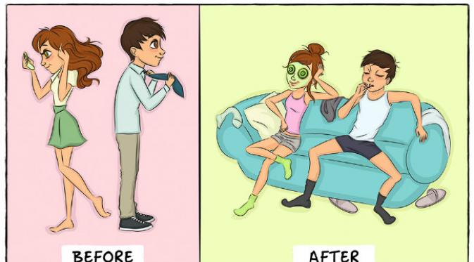 9 ilustrasi ini ungkapkan perbedaan kehidupan pasangan setelah menikah. Foto: Brightside.me