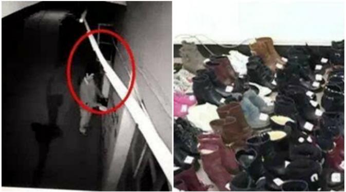 Di rumah tersangka, polisi menemukan sepatu-sepatu di balkon, di bahwa ranjang, dan dalam lemari. Semuanya ada 159 pasang. (Sumber Shanghaiist.com)