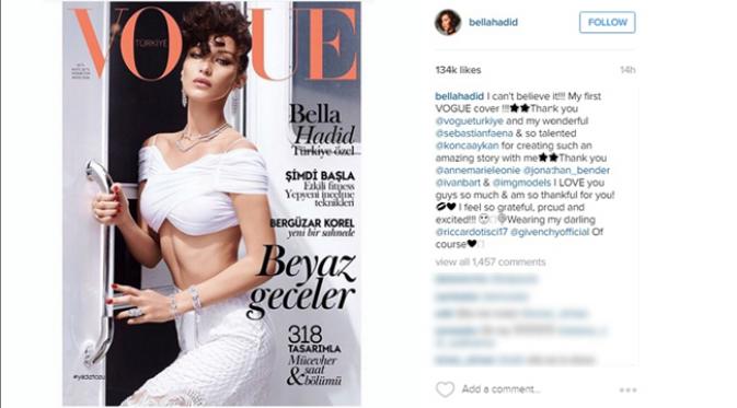Bella Hadid memamerkan sampul majalah Vogue pertamanya di Instagram. (Instagram)
