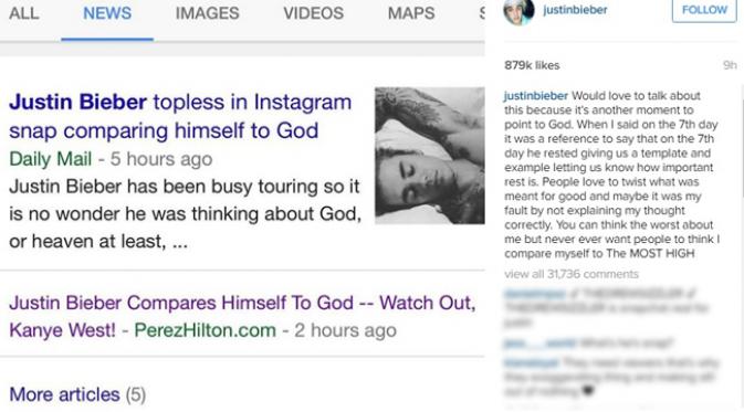 Justin Bieber tanggapi berita yang menudingnya samakan diri dengan Tuhan. (Instagram)