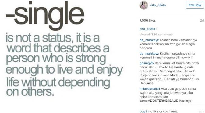 Salah satu postingan di Instagramnya mengisyaratkan Cita Citata kini tengah sendiri.