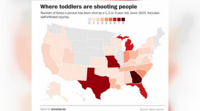 Negara Bagian Amerika Serikat yang paling banyak terdapat kasus penembakan oleh balita (News reports)