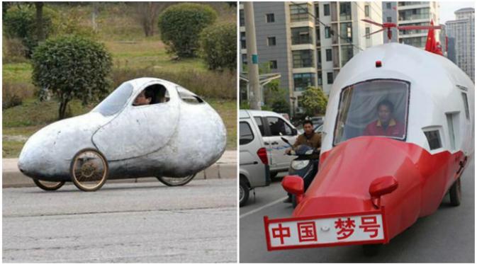 Sejumlah orang menciptakan sendiri mobil yang unik, misalnya mobil berbentuk peluru atau helikopter. (Sumber Shanghaiist.com)