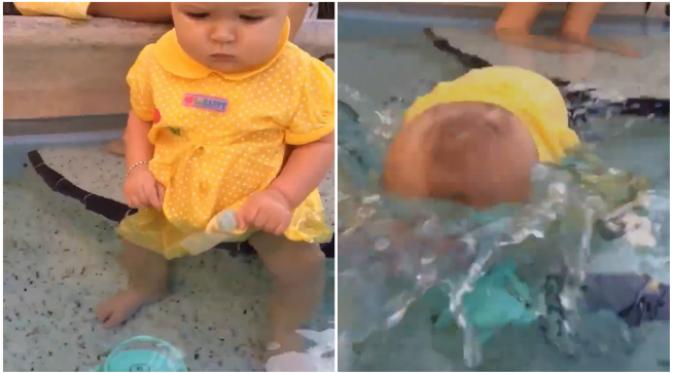 Satu pihak mengatakan bahwa bayi memang harus dilatih berenang sedini mungkin. Pihak lain memandang hal ini sebagai salah kaprah pola asuh. (Sumber cuplikan video Dov via Facebook)