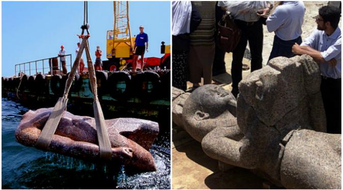 Pengangkatan artefak dari dalam air dan patung Hapi, dewa banjir Mesir kuno. (Sumber historyplace.com dan chichgeek.com)