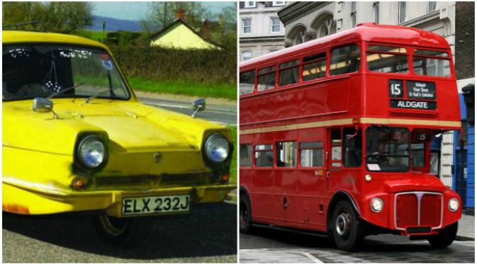 Suatu perusahaan penyewaan mobil menawarkan kendaraan-kendaran unik seperti mobil Del Boy dan bus kota London untuk disewakan. (Sumber Hull Daily Mail dan London for Free)