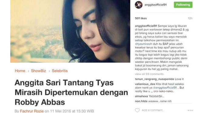 Anggita Sari meminta Tyas Mirasih segera akui keterlibatannya dalam kasus prostitusi [foto instagram]