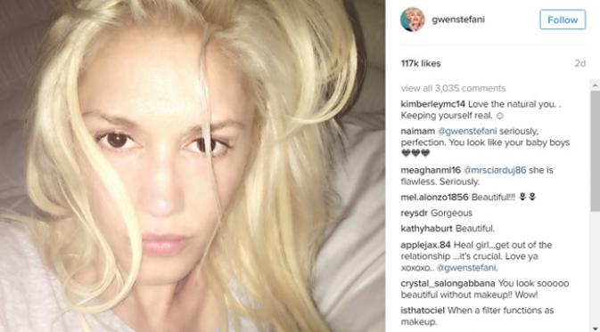 Gwen Stefani pamer kecantikan melalui foto tanpa make up di Instagram. (Instagram)