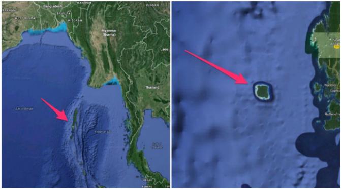 Pulau Sentinel Utara terletak di tengah Samudra Hindia, dekat kepulauan Andaman. (Sumber Google Maps via Tech Insider)