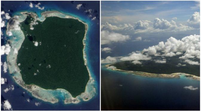 Pulau Sentinel Utara terletak di tengah Samudra Hindia, dekat kepulauan Andaman. (Sumber NASA Earth Observatory via Tech Insider)