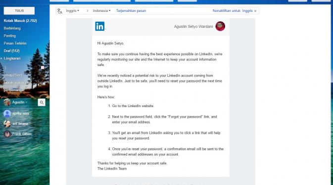 Email permintaan ganti password LinkedIn (Screenshoot).