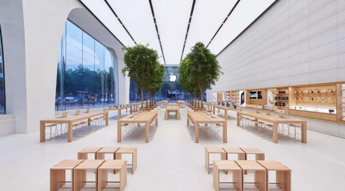Tampilan baru Apple Store di Brussels yang minimalis dengan pencahayaan lembut. (Sumber: Business Insider).