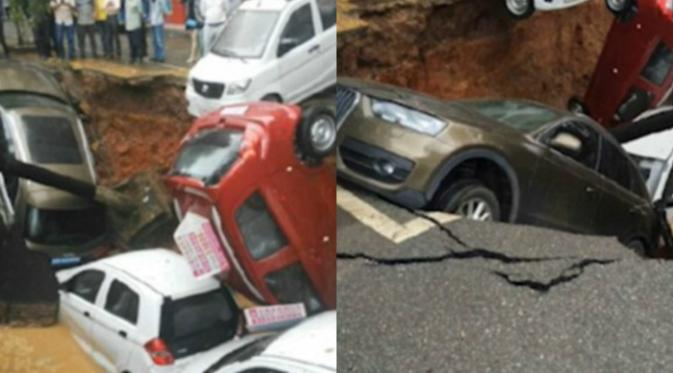 Detik-detik sinkhole seluas 30 meter di China 'telan' 4 mobil (CCTV News).