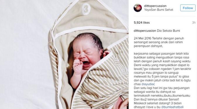 Ayudia Bing Slamet melahirkan anak pertama (Instagram/@dittopercussion)