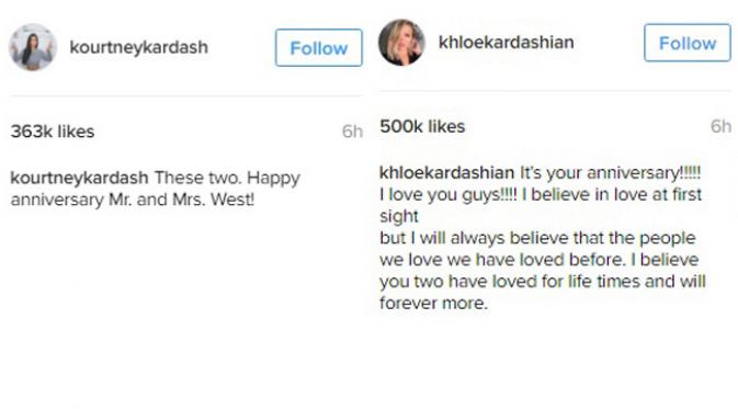 Kourtney dan Khloe Kardashian ucapkan selamat ulang tahun pernikahan pada Kim Kardashian. (Instagram)