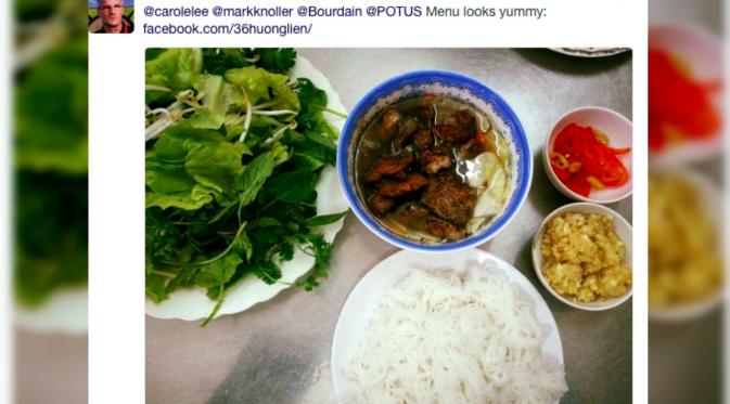 Makanan yang disantap Presiden Barack Obama di Hanoi, Vietnam. (Sumber:twitter @davidclinchnews)