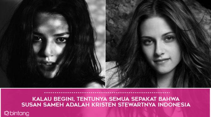 Susan Sameh vs Kristen Stewart (Foto: Bintang Pictures, Desain: Muhammad Iqbal Nurfajri)