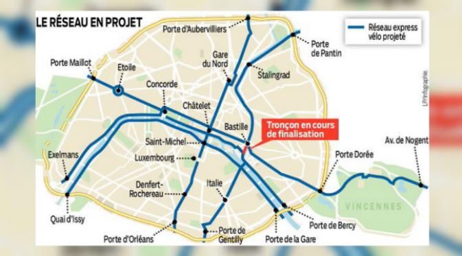 Peta jalur cepat sepeda yang disebut dengan Express Bike Network di kota Paris. (Sumber akun @Anne_Hidalgo via Twitter)