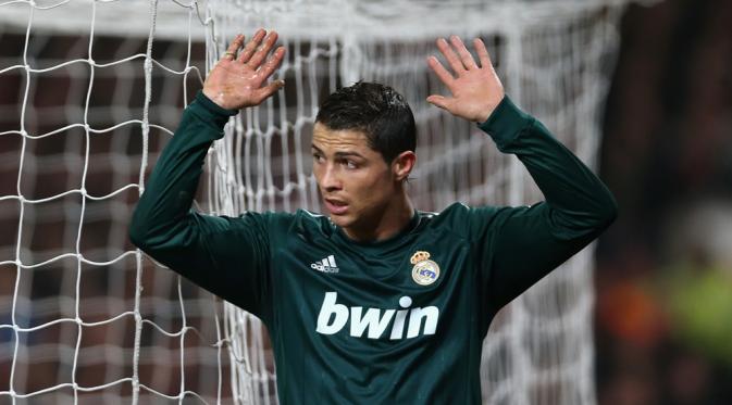 Reaksi Cristiano Ronaldo usai mencetak gol ke gawang Manchester United pada 16 besar Liga Champions 2012-13. (AFP).